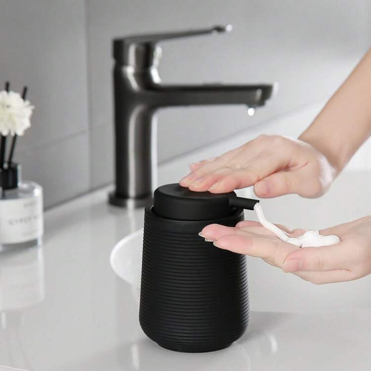 LAOPAO 1入組霧面黑色條紋肥皂液分配器，浴室廚房泡沫肥皂瓶，可循環使用的塑料手洗肥皂容器 - 黑色 - 查看 1