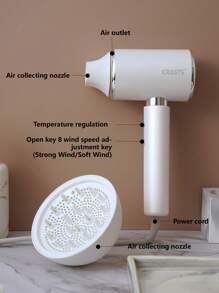 CRASTS White High-Power Hair Dryer With Three-Level Wind Speed & Temperature Control, One-Button Switching Cold & Hot Wind, Equipped With Drying Hood And Nozzles, MD-19 - UK Plug(220-240V) - View 4