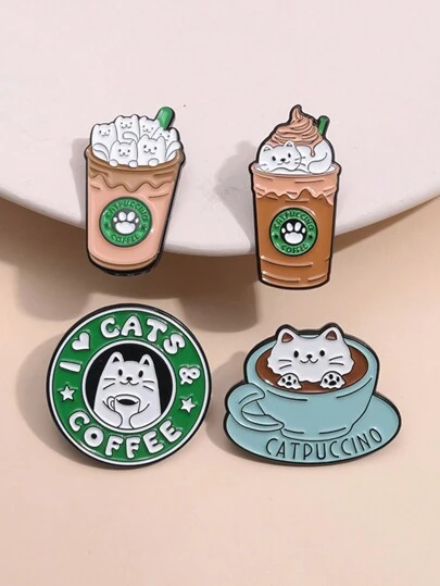 4pcs Creative Coffee Series Brooch Set Including Coffee Cup, Cat, Animal Shaped Metal Badge, Suitable For Men And Women's Daily Wear