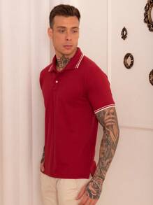 Lucky Star Modas Men's Striped Polo Shirt Piquet Knit - Burgundy - View 3