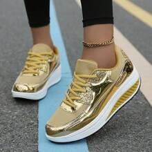 Damen glänzende Sportschuhe mit dicker Sohle und erhöhter Höhe, Outdoor Laufschuhe, Keilabsatz atmungsaktive Mesh-Wanderschuhe