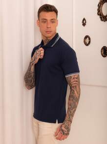 Lucky Star Modas Men's Striped Polo Shirt Piquet Knit - Navy Blue - View 4