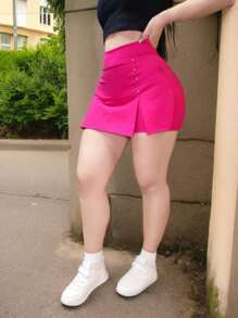 Shorts pantalon corto casual con pinzas tiro alto elasticos para mujer - Short falda fucsia - Ver 2