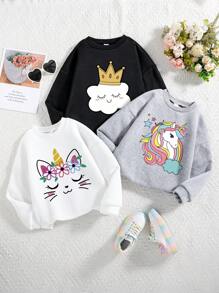 3pcs Young Girl Cartoon Printed Warm Round Neck Sweatshirt Set - Multicolor - View 1
