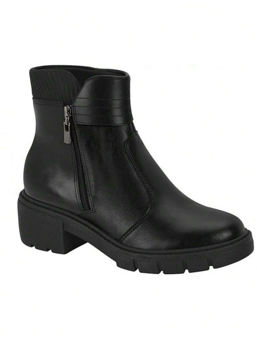 Bota Coturno Feminino Beira Rio Zíper Lateral Tratorado Conforto - Preto - Visão 1