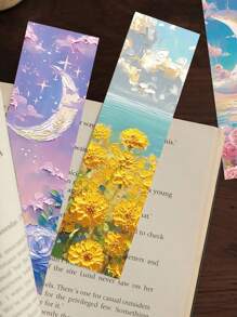 30 piezas Hermosos separadores de libros de papel con estilo de pintura de relieve y paisajes de cuento de hadas, útiles escolares para estudiantes - Multicolor - Ver 4