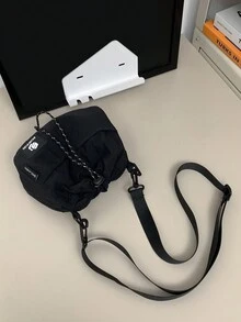 1 件男士斜挎包抽绳包单肩包方形包多功能便携适合日常休闲包适合旅行度假超市购物派对节日礼物和其他场合时尚纯色尼龙字母贴片街头适合学生白领朋友完美的男孩礼物零钱公交卡银行卡钥匙储物袋旅行配件斜挎包返校通勤旅行必备品夏季包 - 黑色 - 查看 6