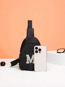 2 件男孩和女孩尼龙拉链时尚迷你胸包，珍珠字母布休闲包适合日常使用（DIY 字母贴纸） - 黑+白字母 - 查看 4