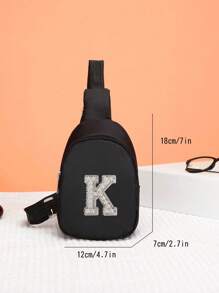 2 件男孩和女孩尼龙拉链时尚迷你胸包，珍珠字母布休闲包适合日常使用（DIY 字母贴纸） - 黑+白字母 - 查看 9