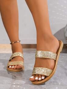 女士时尚闪亮户外/度假纯色简约露趾平底凉鞋