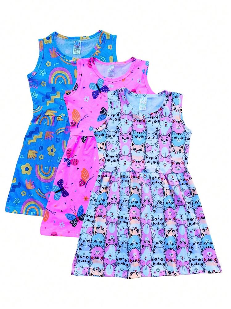 kit com 3 Vestido para meninas infantil juvenil gode rodado evasê - Multicolorido - Visão 4