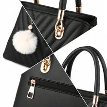 Womens Fashion Leather Handbags Quilted Purses Top-Handle Totes Satchel Bag For Ladies Shoulder Bag For Women With Pompom