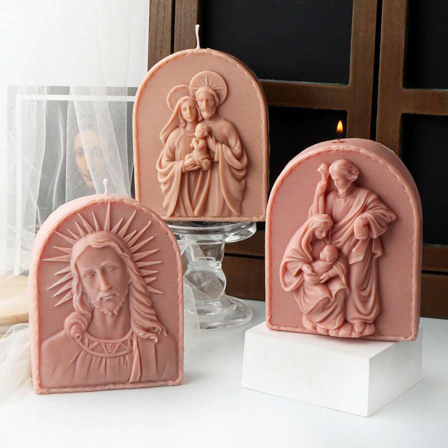 大型耶稣雕像蜡烛模具天主教使徒肖像石膏混凝土树脂铸造工具 DIY 耶稣家庭硅胶模具装饰