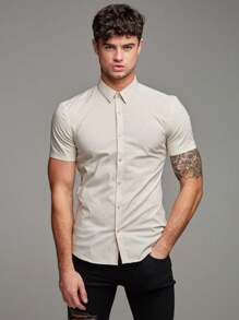 Men Denim Shirts - 卡其色 - 查看 2