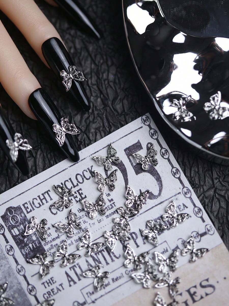 10 件银色复古暗黑风格美甲贴片 Y2k 金属指甲合金金属质感，朋克风格 DIY 指甲造型装饰，暗黑哥特风指甲水钻假指甲装饰配件指甲饰物指甲用品指甲宝石 - 黑色 - 查看 1