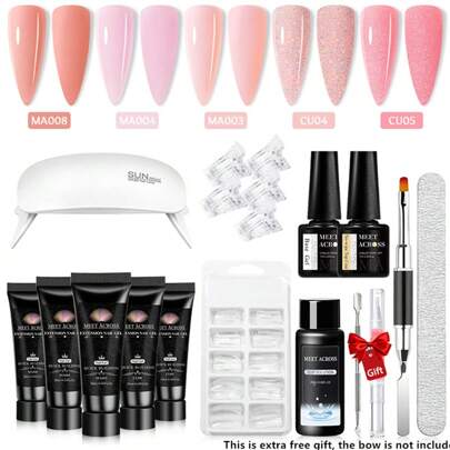 19 piezas Juego de esmalte de uñas en gel, gel glitter rosa, juego de manicura de extensión rápida para el verano, incluye líquido deslizante, puntas de uñas, herramientas de cepillo de uñas, kit de extensión de uñas acrílicas, suministros de arte de uñas, kit de iniciación de uñas en gel, regalo de salón casero DIY para mujeres