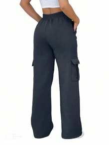 Women's Plus Size Wide Leg Sweatpants Flannel Thick Fabric Winter Cargo Pants - 黑色 - 查看 3