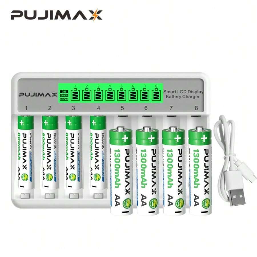 PUJIMAX AA/AAA1.2V NiMH Battery Smart Charger, 8 Independent Slots, With LCD Display, USB Charger, Fast Charging, Charging Protection, Home Essentials [Do Not Charge Disposable Batteries]