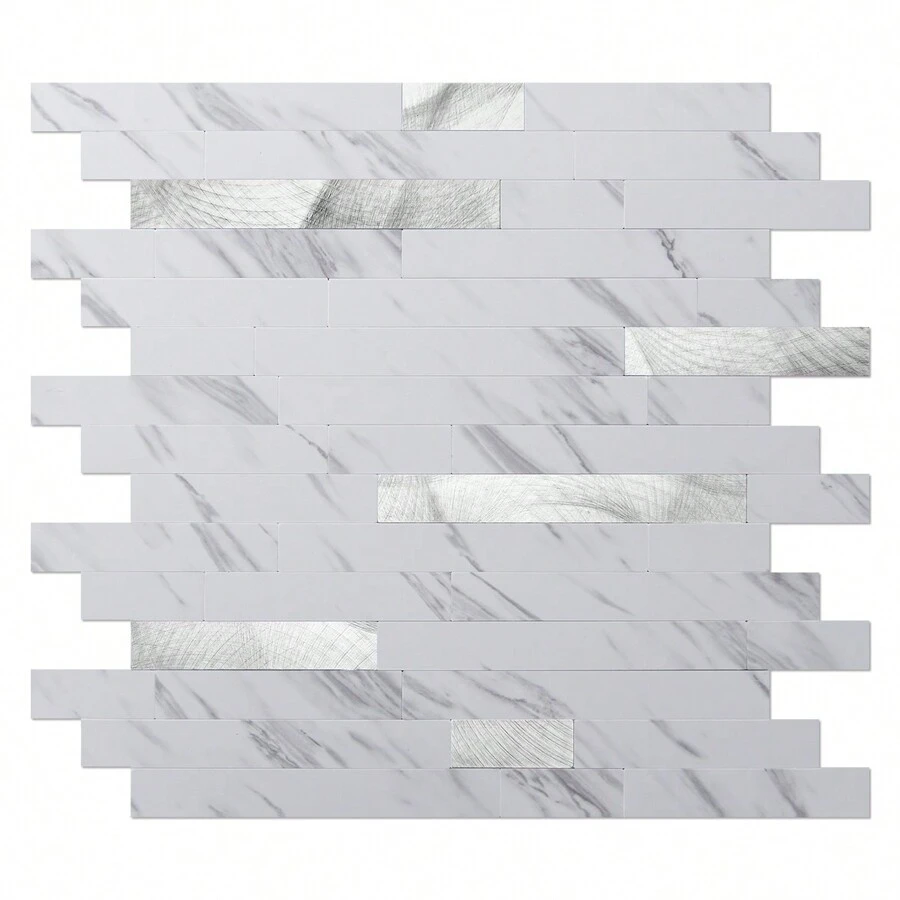Art3d 10pcs 13.4"X11.85" Peel And Stick Kitchen Backsplash Tile,Easy DIY Vinyl Stick On Wall Tile Sticker For Home Decor,Wall Decor,Renovation Stickers Peel Wall Panels,Wall Paper, Wallpapers,Spring Decoration Items Refesh Your Home,Rama Decoration Stickers - 白色石板鑲銀飾 - 查看 1