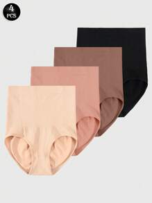 4pcs Solid Color Seamless High-Waisted Tummy Control Butt Lifter Women's Underwear