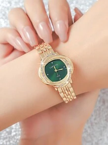 CARYINO 金色不锈钢女士手表表带，简约、优雅、百搭，配有钻石石英表盘手表。适合日常佩戴，作为返校学生的礼物 - 金色 - 查看 2