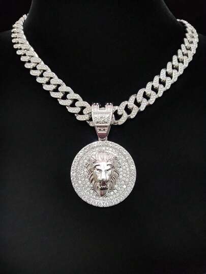 1 件时尚银色创意狮头形吊坠和 13 毫米宽玛拉石项链，嘻哈项链适合日常佩戴或派对，情人节礼物