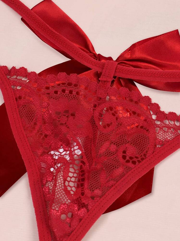 Perizoma a stringa di pizzo con fiocco posteriore nero per donne sexy mutandine T-Back traspiranti a vita bassa - Rosso - Visualizzare 6