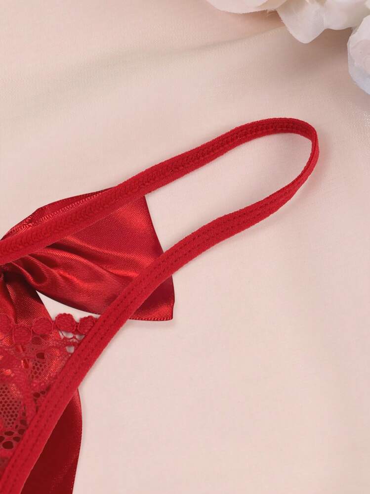 Perizoma a stringa di pizzo con fiocco posteriore nero per donne sexy mutandine T-Back traspiranti a vita bassa - Rosso - Visualizzare 4