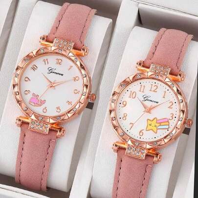 2入組女孩可愛手錶套裝，時尚優雅合金手錶配有矽膠表帶，石英手錶適用於情侶/親子，兒童節送禮佳品
