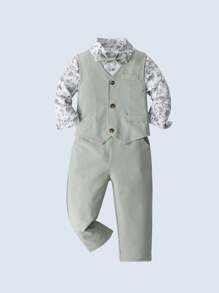 3 件套年轻男孩绅士服装套装：带蝴蝶结的衬衫、背心和裤子，时尚，适合生日派对、婚礼、洗礼 - 綠色 - 查看 3