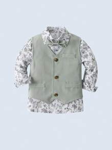 3 件套年轻男孩绅士服装套装：带蝴蝶结的衬衫、背心和裤子，时尚，适合生日派对、婚礼、洗礼 - 綠色 - 查看 8