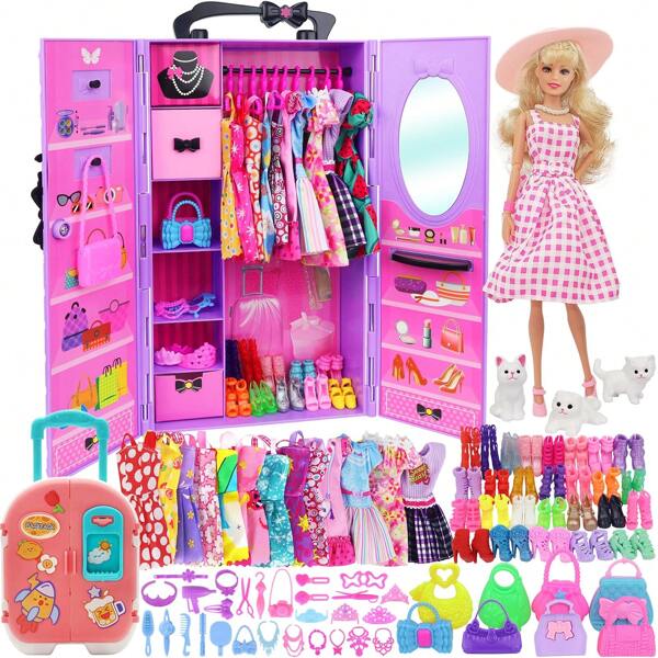 83 Pieces Accessories Set Doll Clothes Girl Doll Wardrobe Wardrobe Wardrobe Including Wardrobe, Suitcase, Clothes, Dresses, Shoes, Necklaces, Bags And Other Things For Kids
