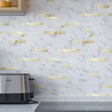 Art3d 10pcs 13.4"X11.85" Peel And Stick Kitchen Backsplash Tile,Easy DIY Vinyl Stick On Wall Tile Sticker For Home Decor,Wall Decor,Renovation Stickers Peel Wall Panels,Wall Paper, Wallpapers,Spring Decoration Items Refesh Your Home,Rama Decoration Stickers - Đá phiến trắng đính vàng - Xem 1