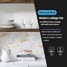 Art3d 10pcs 13.4"X11.85" Peel And Stick Kitchen Backsplash Tile,Easy DIY Vinyl Stick On Wall Tile Sticker For Home Decor,Wall Decor,Renovation Stickers Peel Wall Panels,Wall Paper, Wallpapers,Spring Decoration Items Refesh Your Home,Rama Decoration Stickers - Đá phiến trắng đính vàng - Xem 4