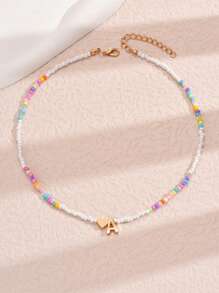 1pc Mixed-Color Rice-Shaped Beaded Heart & Letter Pendant Necklace