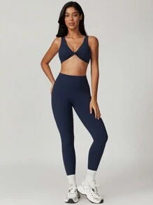 MASKERT 女士瑜伽健身高弹舒适亲肤紧身裤 - 藏蓝色 - 查看 9