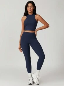 MASKERT 女士瑜伽健身高弹舒适亲肤紧身裤 - 藏蓝色 - 查看 5