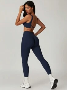 MASKERT 女士瑜伽健身高弹舒适亲肤紧身裤 - 藏蓝色 - 查看 8