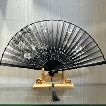1入古董摺疊竹扇，黑色蝴蝶流蘇花卉圖案裝飾舞蹈扇，手持扇子