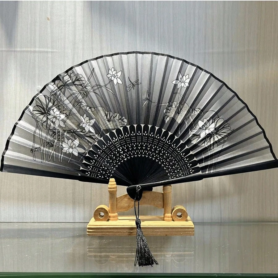 1 件复古折叠竹扇,舞扇,饰有黑色蝴蝶流苏花卉图案,手动扇,夏季,节日 - 彩色 - 查看 1