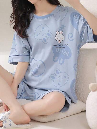AICJ Casual And Simple 2pcs Rabbit Printed Short Sleeve Top & Shorts Homewear Set, Ideal For Mother's Day, Valentine's Day And New Year Gifts, Spring/Summer, Two Pieces Set, Cool Light Blue