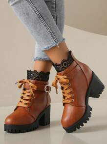 New Ankle Boots For Women With Heels, Black Leather & Lace Upper, Buckle Decor, Fashion Chunky Heel Autumn Ankle Boots - Brown - View 1