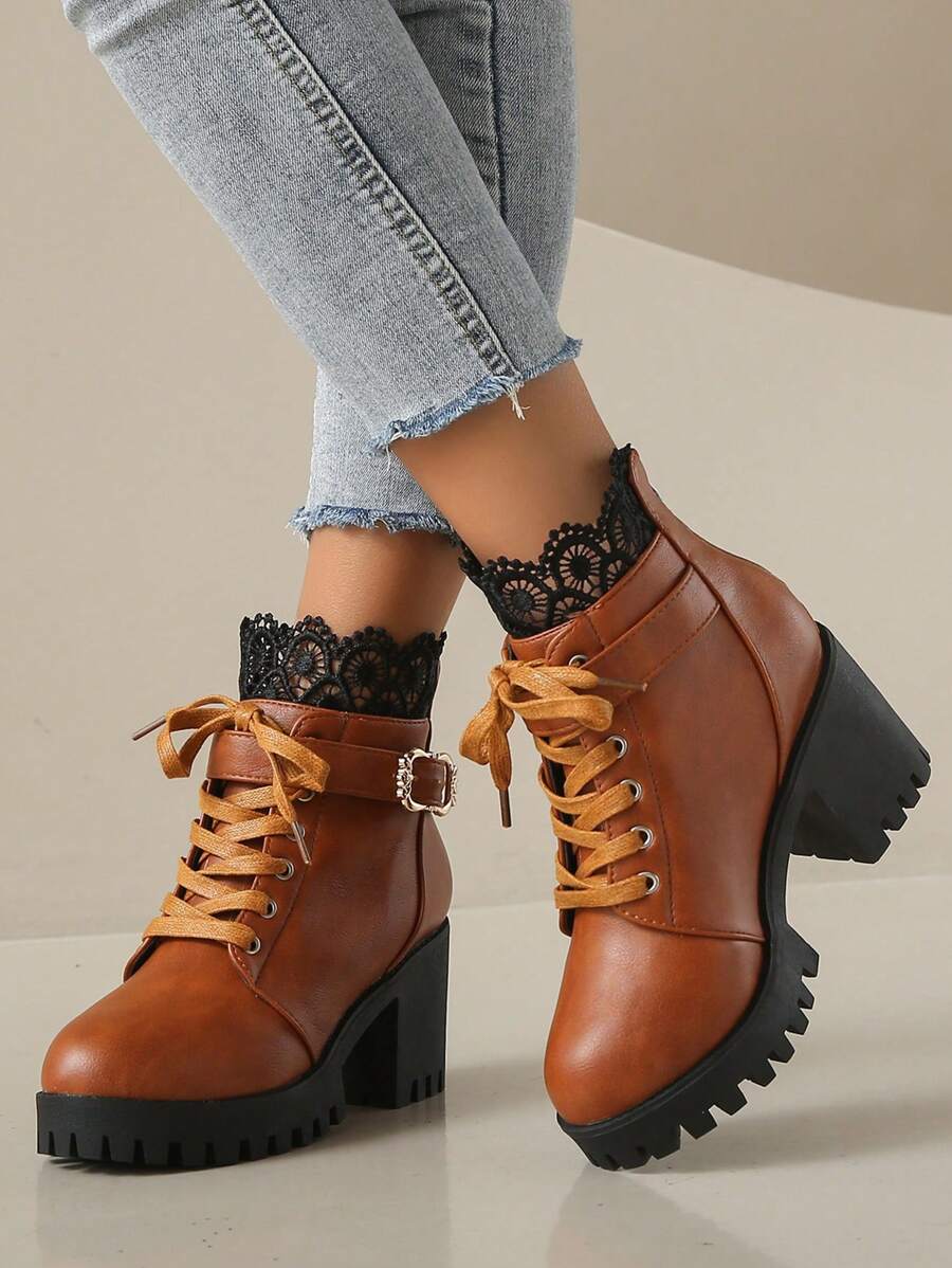 New Ankle Boots For Women With Heels, Black Leather & Lace Upper, Buckle Decor, Fashion Chunky Heel Autumn Ankle Boots - Brown - View 1