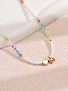 1pc Mixed-Color Rice-Shaped Beaded Heart & Letter Pendant Necklace