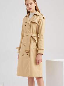 Gabardina Larga Abrigo Elegante Felpa Cruzada De Para Mujer - Beis - Ver 2