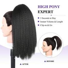 直類夾子馬尾延伸16吋毛織直髮夾片式高馬尾黑色合成自然髮延伸 - 黑色 - 查看 4