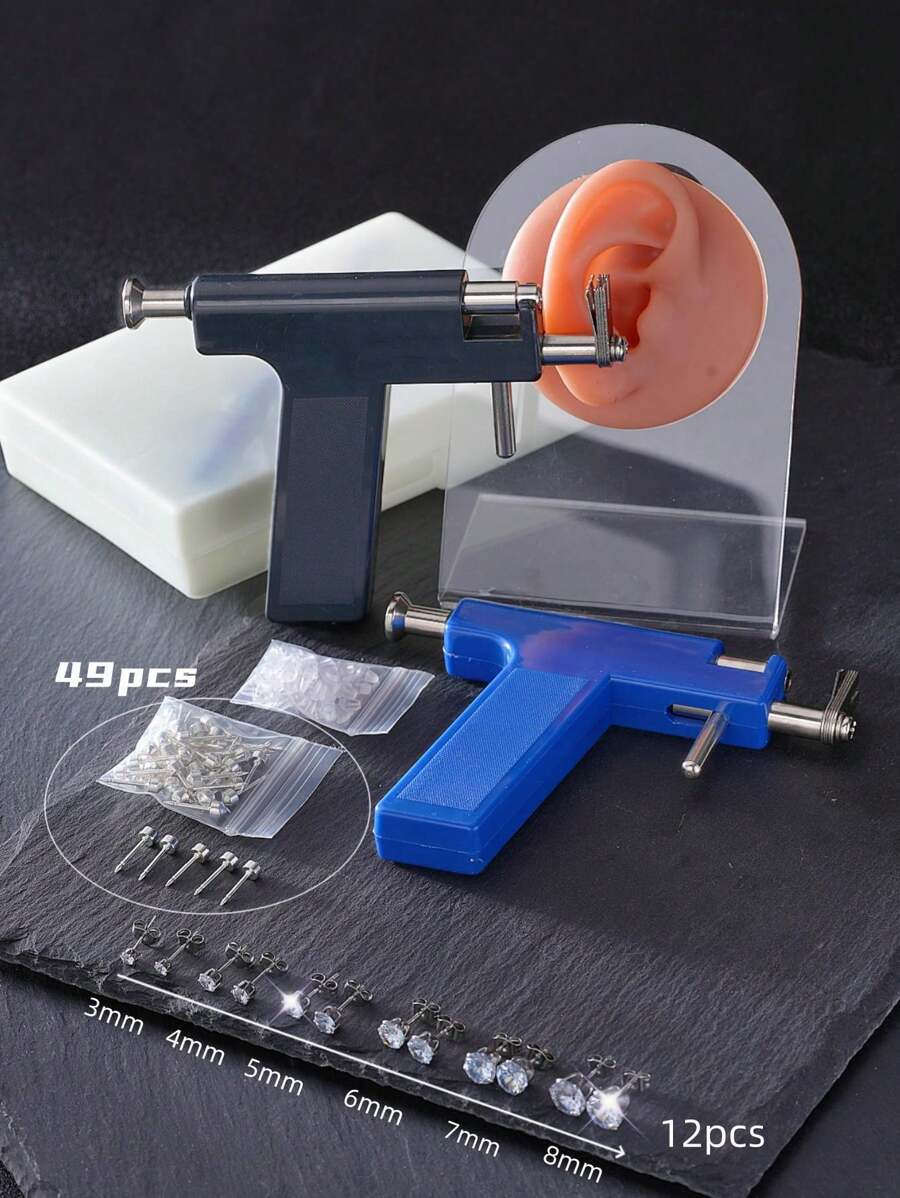 62pcs/98pcs/Set Reusable Ear Piercing Kit, Includes (49pcs Silver-Plated Earring Studs + 12pcs 3D Cubic Zirconia Studs) (98pcs Earring Accessories Exclude Piercing Gun), Optional One-Time-Use Low-Pain Ear Piercing Gun, Suitable For Students Personal Ear Piercing Beauty Tools And Accessories