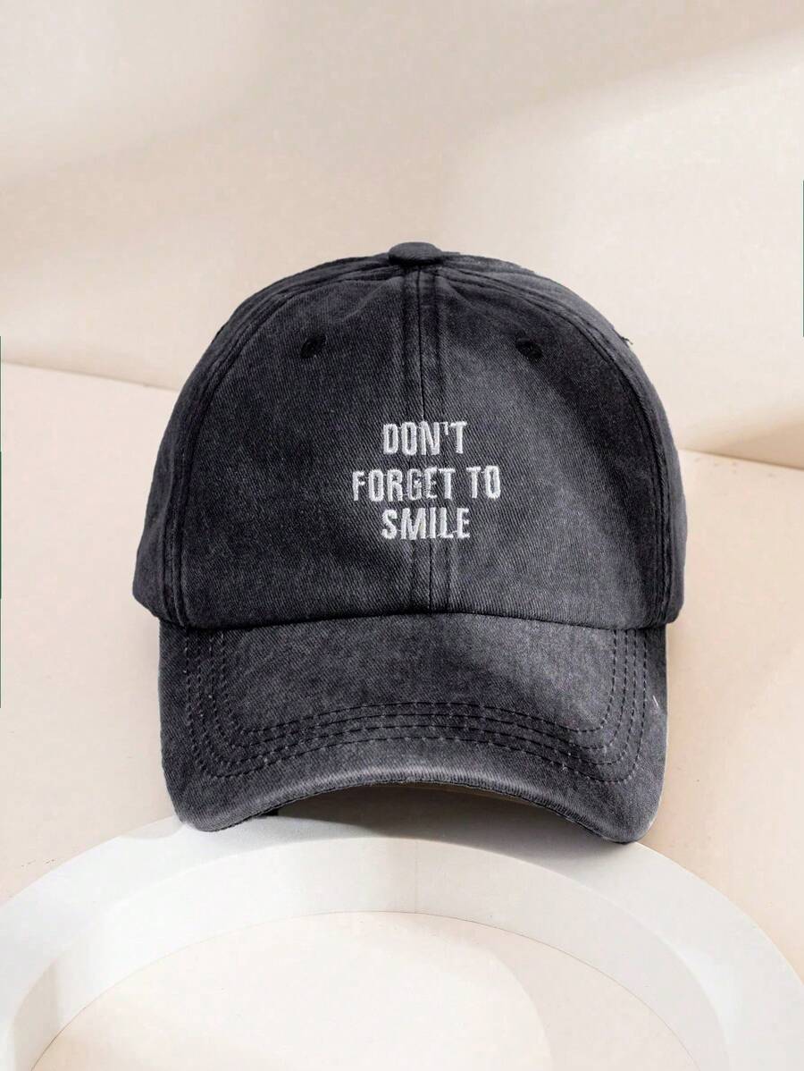 1pc Women's 'DON'T Forget To Smile' Washed Baseball Cap, Outdoor Adjustable Sun-Protective Casual Hat Suitable For Spring, Autumn, Travel, Beach, Vacation, Men's Sun Hat, Y2K Style Young Hat,Summer - Black - View 1