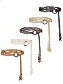 Plus Size Woven Belt, Women's Bohemian Style Woven Belt, Vintage Wax Rope Handmade Wooden Ring Hollow Woven Belt, Black, Camel, Khaki Woven Belt, Suitable For Outdoor Dresses - Multicolor - View 13
