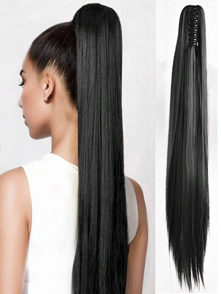 1 pieza Extensión de cola de caballo sintética recta, fibra resistente a altas temperaturas, adecuada para uso diario - Negro - Ver 1